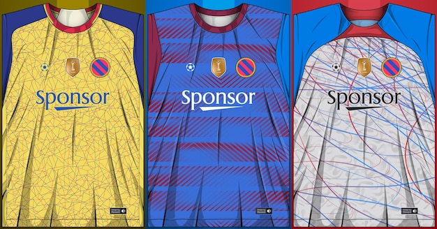 Collection of soccer jerseys and sports shirts displayed for sublimation printing.