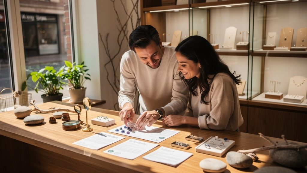 A Modern Guide To Buying An Ethical Engagement Ring 5 Couple discussing ring designs together at a table with jewelry samples.