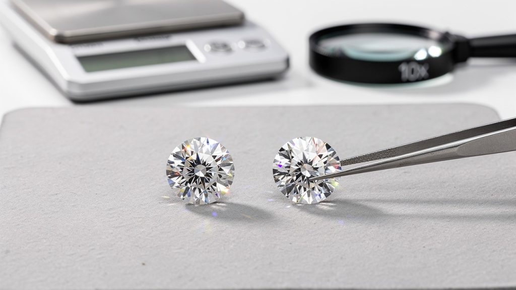 A Modern Guide To Buying An Ethical Engagement Ring 3 Close-up of diamond stud earrings placed on a light background.