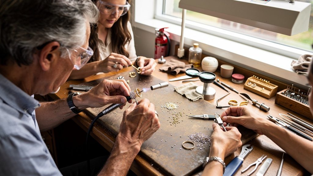 A Modern Guide To Buying An Ethical Engagement Ring 2 Jewelry designer working on handcrafted rings at a wooden worktable.