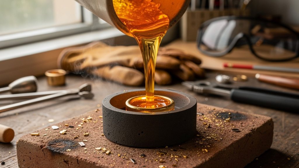 A Modern Guide To Buying An Ethical Engagement Ring 4 Golden liquid dripping onto a wooden bowl with fresh honeycomb.