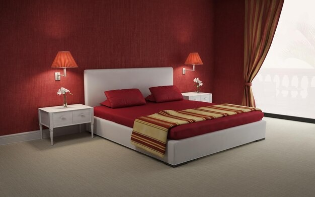 Alt text: Stylish bedroom with red accent wall, white bed frame, red bedding, bedside lamps, and striped throw blanket.