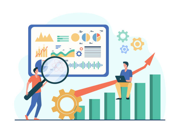 How Marketing Professionals Help Brands Achieve Better Results 3 Digital marketing analysis illustration with graphs, gears, a magnifying glass, and increasing performance chart.