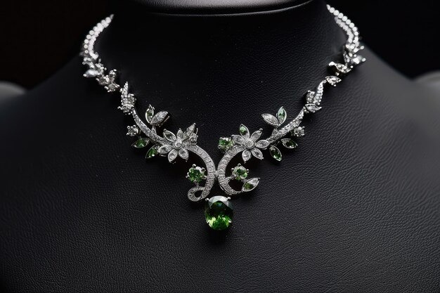 Silver necklace with diamond flowers and green gemstones, featuring a teardrop pendant on a black display.